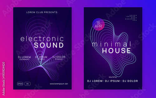 Sound Magazine. Blue Party Banner. Night Club Concert Element. Dance Event. Violet Edm Poster. Electro Invite. Electronic Disco Illustration. Pink Sound Magazine