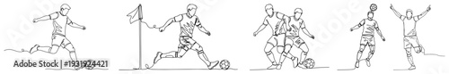 Diverse set of soccer players in action including corner kicks and headers in one line drawing