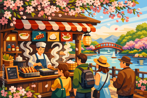 Food stall by the lake serves hot dishes to visitors enjoying a sunny day in a scenic park with blooming flowers and mountains