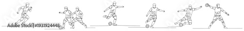 Collection of soccer players in different match situations drawn in minimalist one line style