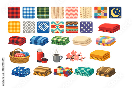 Display of warm blankets, baskets, and mugs arranged in various patterns and colors on a white background for cozy settings