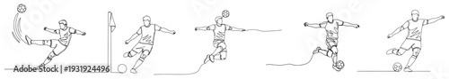 Set of professional soccer players executing kicks and jumps in continuous line art style