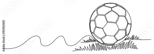 Minimalist continuous line drawing of a soccer ball on a grass pitch