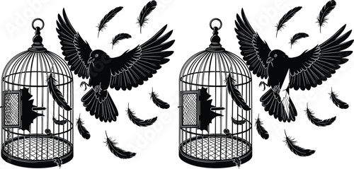 Raven escaping birdcage vector illustration, black crow with broken cage and flying feathers, gothic dark fantasy silhouette design