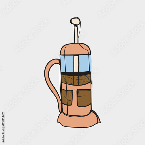 French Press Coffee Maker Colorful Hand Drawn Doodle Vector Illustration