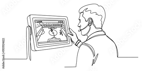 Continuous line illustration of a referee reviewing the VAR screen technology