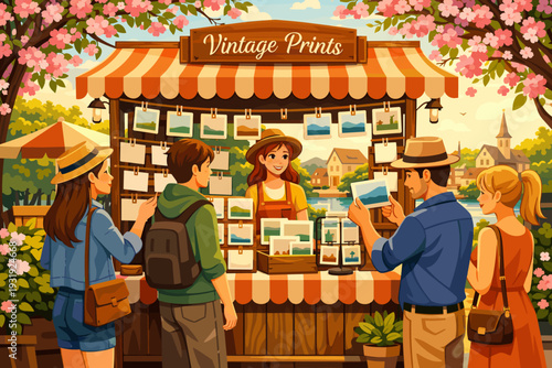 Visitors explore a market stall selling vintage prints near a lake during a sunny day with flowers in bloom in a small town