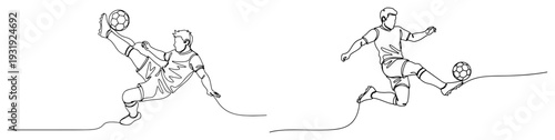 One line drawing of soccer players performing professional bicycle kicks