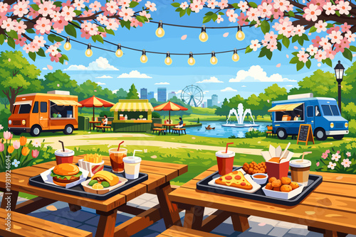 Food trucks serve meals in a park near a lake with a ferris wheel and cherry blossoms during a sunny day
