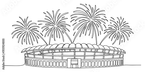Minimalist line illustration of a sports stadium with fireworks celebration