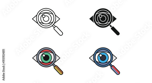 Illustrations of eyes being examined with magnifying glasses in different styles