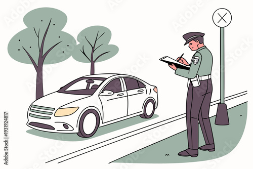 A professional, realistic illustration of a police officer issuing a parking violation for wrong parking. 