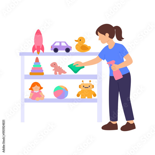 Cleaning Toy Shelves, Wiping and organizing toy display racks, Flat vector character illustration