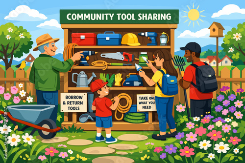 Community gathers at tool sharing event in the garden during sunny day for borrowing and returning tools