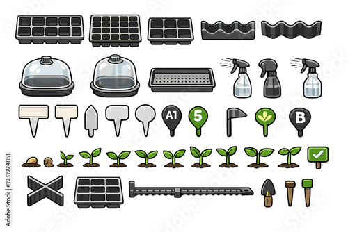 Gardening tools and supplies arranged on a white background for planting seeds and nurturing plants during spring season