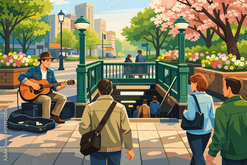 Street musician plays guitar near subway entrance as people walk by in city park during sunny day