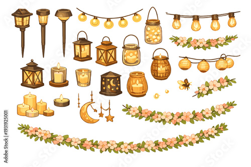 Light decorations and floral details for outdoor gatherings in various styles and designs during a summer evening