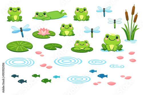 Various cartoon frogs, water lilies, and dragonflies in a pond setting during the day