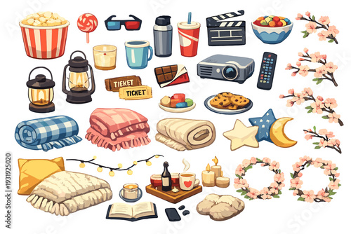 Fun home movie night setup with snacks, drinks, decorations, and cozy items prepared for a great evening