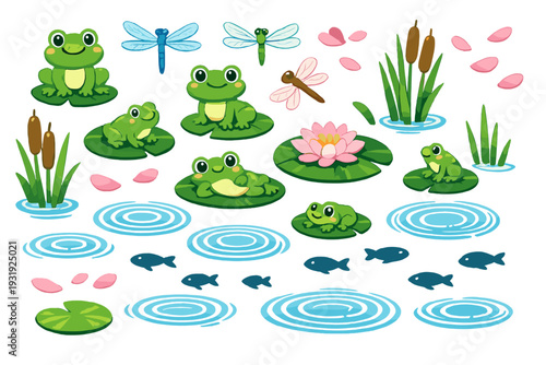 Frogs and water plants in a pond on a sunny day with dragonflies flying above the water's surface and lilies blooming