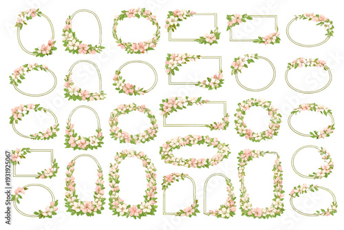 Collection of floral frame designs for events and decor with pink flowers and green leaves