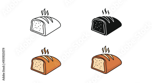 Four types of bread being freshly baked with steam rising from them