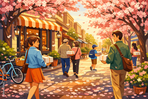 People walk on a street lined with cherry blossom trees while carrying boxes during a sunny day in spring