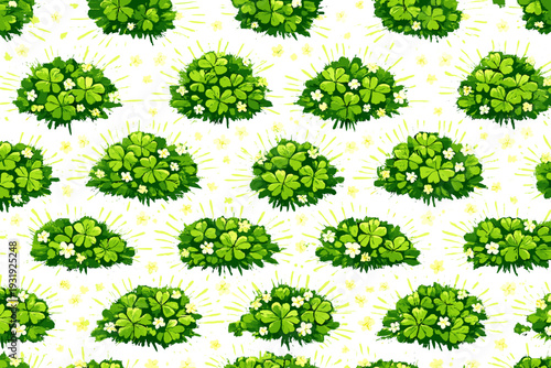 Vibrant pattern of green clovers and flowers on a white background for design and decoration purposes in various crafts and artworks