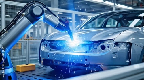 Automatic welding robot arm welding car body on production line, blue light of welding flame is bright, clean factory atmosphere, depth of field, realistic industrial scene.