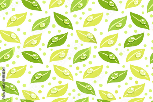 Pattern of green leaves and water droplets on a white background highlighting nature's beauty and freshness