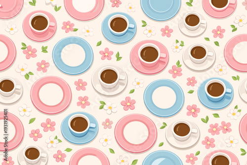 Bright cups and plates on a colorful floral background with coffee and empty dishes in different colors during afternoon tea time