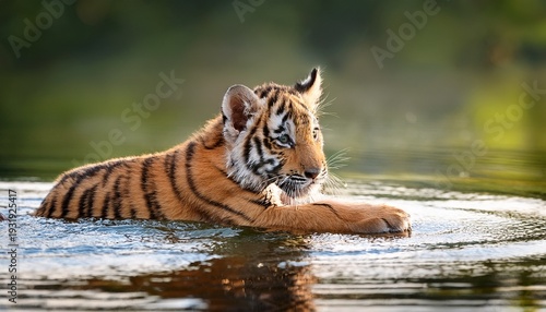 a bengal tiger cub is lying sideways in the lake