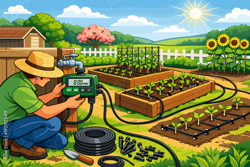 Gardener checks irrigation system in backyard garden during sunny day with blooming flowers and growing plants