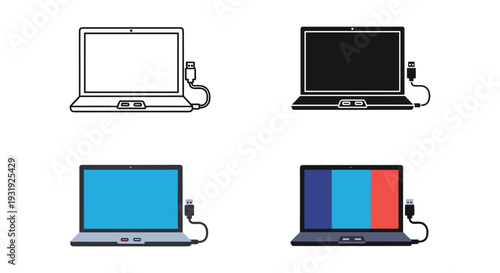 Four laptops with varying screen color configurations and power sources