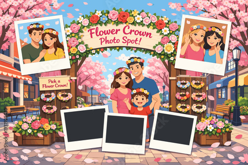 Visitors enjoy a flower crown photo spot during a spring festival in a city park with blooming cherry blossoms and art displays