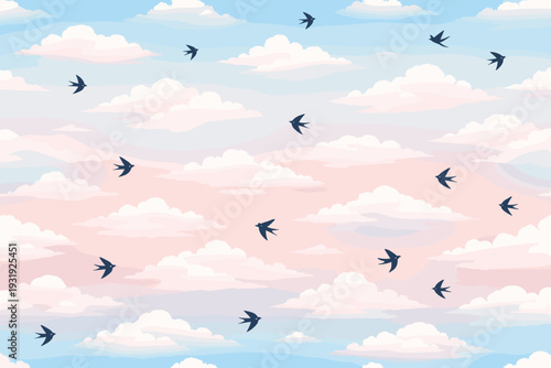 Colorful sky with clouds and birds flying above during the day in a blue and pink setting