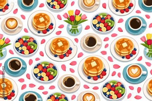 Pancakes, coffee, fruits, and flowers on a table in bright colors showcasing a breakfast scene on a sunny morning
