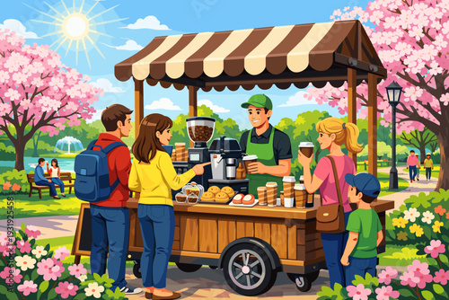 People gather around a coffee cart in a park during sunny spring day near cherry blossom trees and green spaces