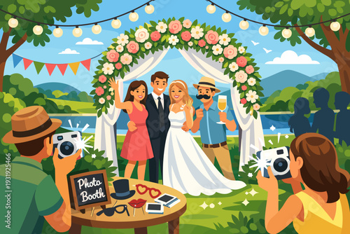 Couple stands under floral arch with guests taking photos in outdoor setting during wedding ceremony in daylight