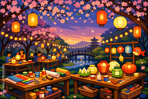 Crafting lanterns and enjoying evening light in a park during a spring festival with families and friends