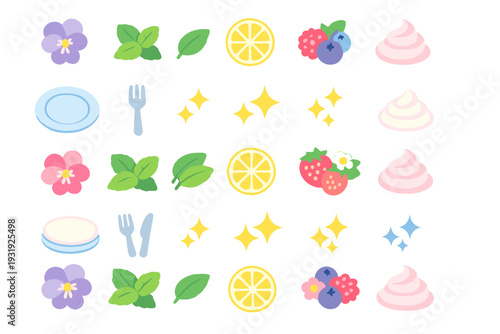 Colorful arrangement of fruits, flowers, and tableware in a playful design suitable for a fun culinary event or gathering