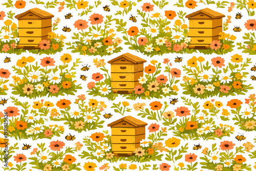 Colorful flowers and beehives create a lively scene with bees buzzing around the garden during a sunny afternoon