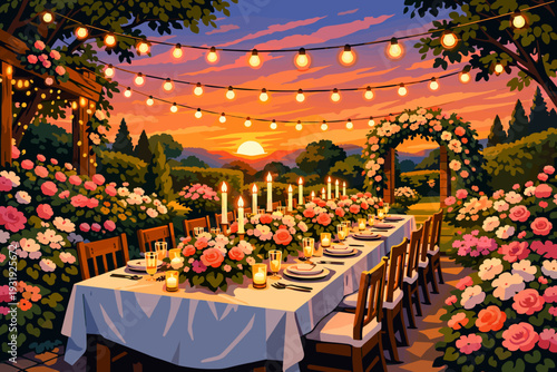 Outdoor dinner event takes place in a garden setting with flowers and lights during sunset in the evening