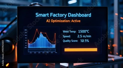 Robot welding process in a smart factory, digital control screen lights up, futuristic atmosphere, AI technology, contrasting blue and orange color tones.