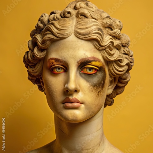 Venus De Milo Marble Sculpture With Artistic Smoky Eyes Makeup and Vivid Colors on a Golden Background