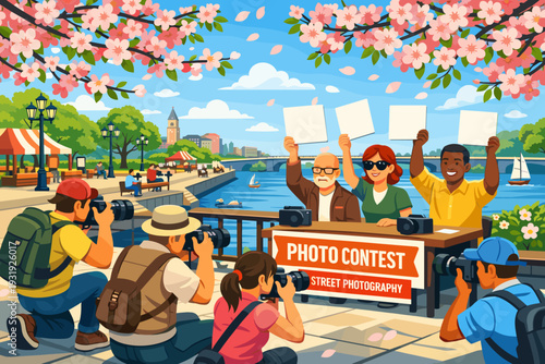 People gather at park for photo contest with colorful flowers and river view during sunny day with judges and photographers