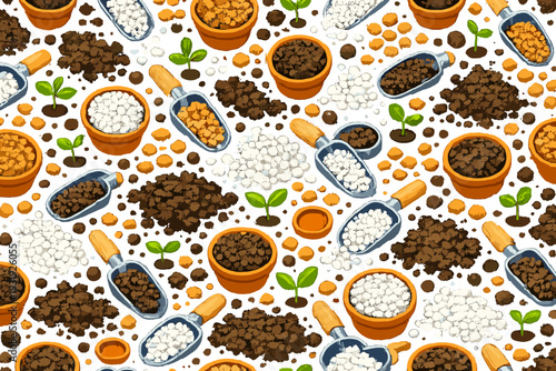 Different types of soil, pots, and plants arranged on a flat surface for gardening and planting activities
