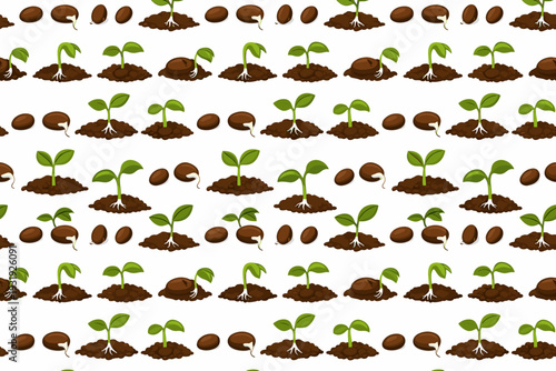 Patterns of seeds and plants growing on white background showing stages of plant development over time