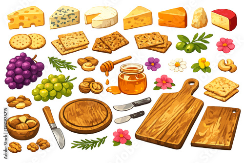 Various kinds of cheese, fruits, nuts, honey, and crackers arranged on a white background for a simple snack display