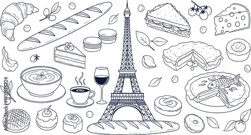 Hand-Drawn French Culture and Gastronomy Doodle Set Featuring Eiffel Tower Pastries Baguettes and Classic Cuisine